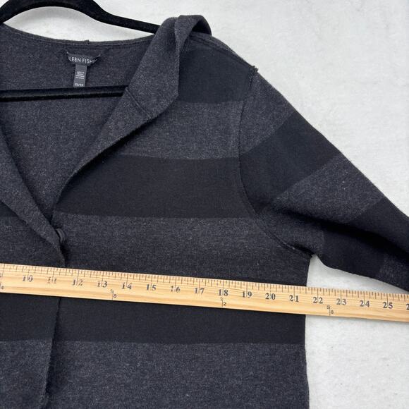 Eileen Fisher Jacket XS Black Gray Stripe Merino Wool Reversible Hooded Snaps - Picture 9 of 11